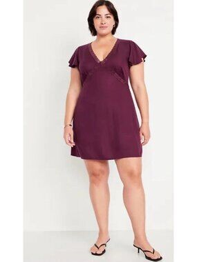 Burgundy Y2K Crêpe Lace Trim Baby Doll Dress 2X